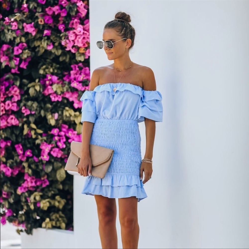 Vici Collection blue cotton smocked off the shoulder dress size M